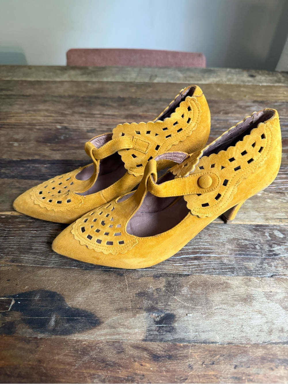 Anthropologie Lucky Penny Women's Mustard Suede Cutout Mary Jane Heels